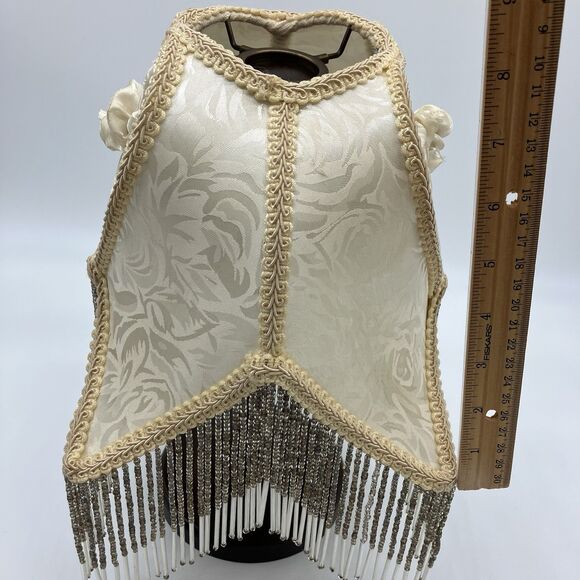 VTG Dale Tiffany Lamp Shade Cream Heart Glass Beaded Fringe Boudoir Romantic - Picture 6 of 16